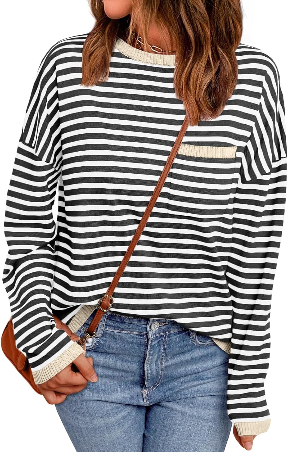 LILLUSORY Womens Striped Soft Knit Pullover Sweater Loose Fit Shirts with Chest Pocket