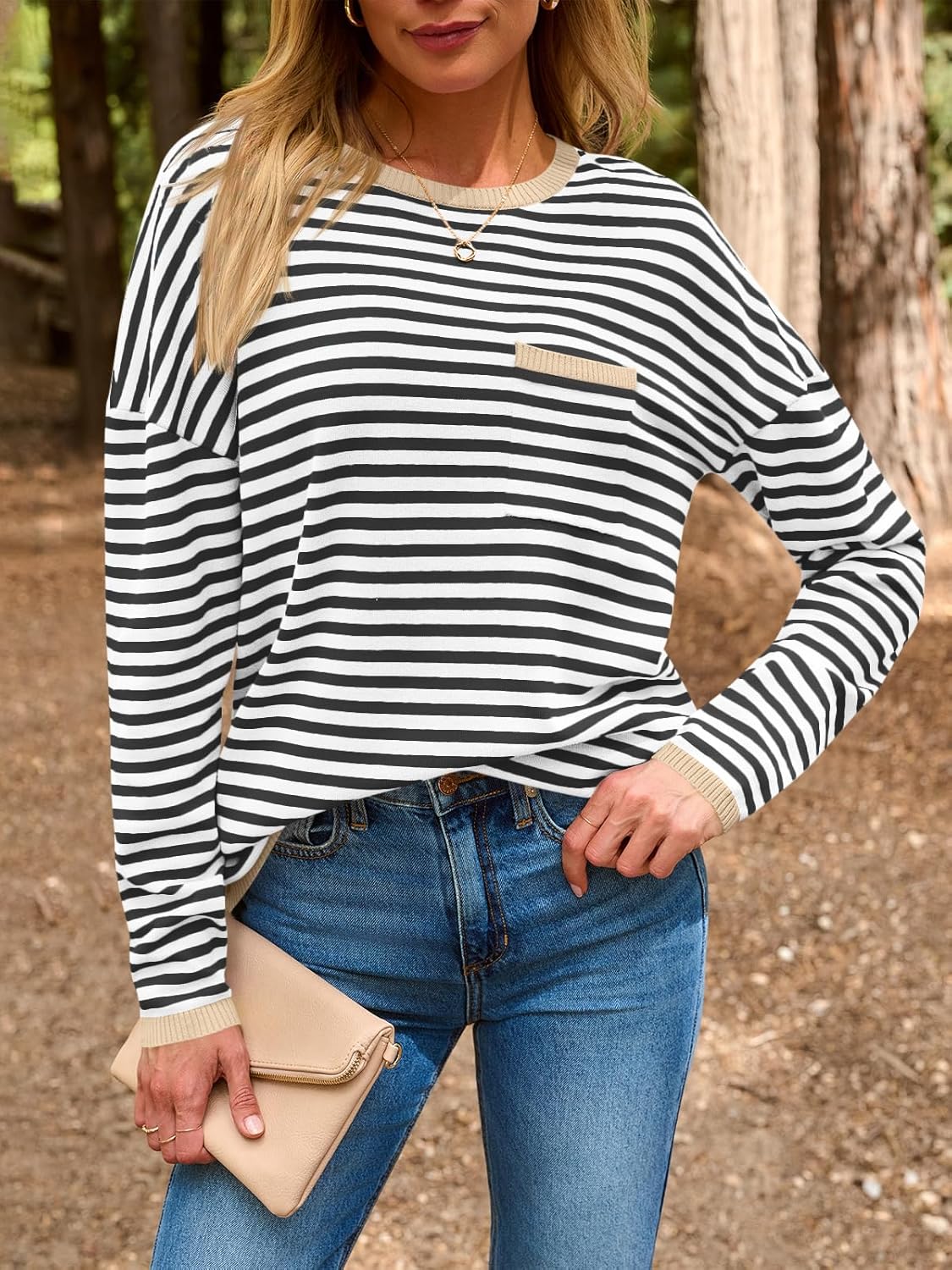 LILLUSORY Womens Striped Soft Knit Pullover Sweater Loose Fit Shirts with Chest Pocket - Image 2
