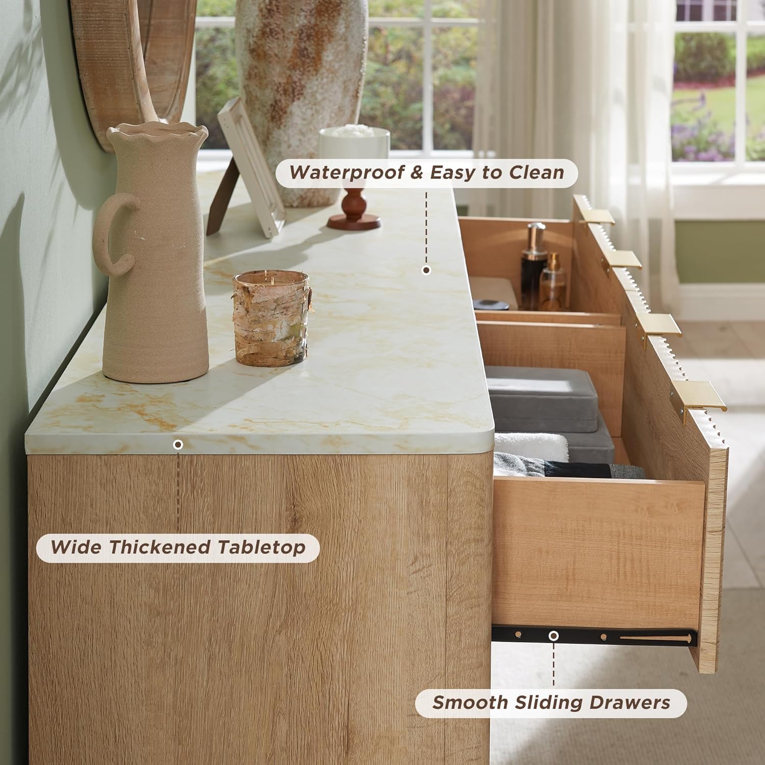 T4TREAM Fluted 6 Drawers Dresser, 54" Wide Modern Chest of Drawers with Faux Marble Top, Curved Profile Design, Dresser TV Stand, Wood Drawer Organizer for Bedroom, Living Room, Hallway, Natural Oak - Image 5