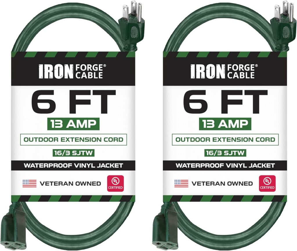 Iron Forge Cable 2 Pack Weatherproof 6 Ft Outdoor Extension Cord - 16/3 SJTW Heavy Duty Green Extension Cord 3 Prong - 13 Amp Exterior Power Cable