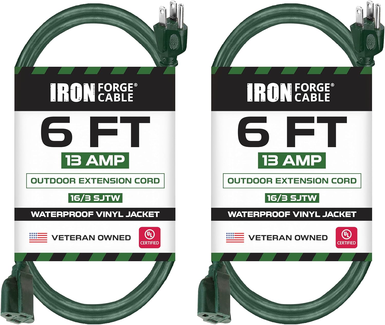 Iron Forge Cable 2 Pack Weatherproof 6 Ft Outdoor Extension Cord - 16/3 SJTW Heavy Duty Green Extension Cord 3 Prong - 13 Amp Exterior Power Cable