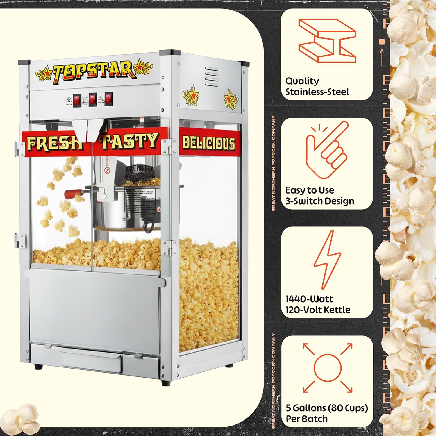 Top Star Popcorn Machine - 12oz Stainless-Steel Kettle, Reject Kernel Tray, Warming Light, and Accessories by Great Northern Popcorn (Red and Yellow) - Image 2