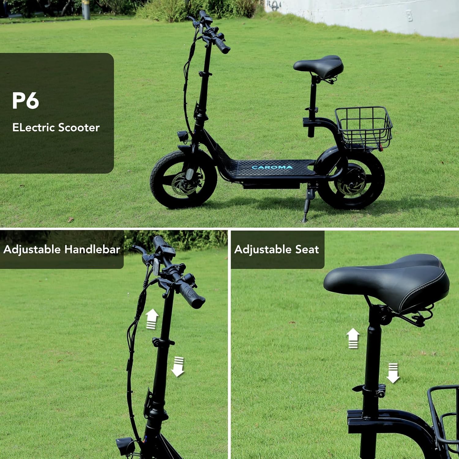 Caroma Electric Scooter with Seat for Adults, Max 30Miles Ranges&20Mph, 500/800/1200W Motor, 14" Fat Tire Foldable Commuter E-Scooter with Basket for Pets & Cargo, 300lbs Max Load - Image 5