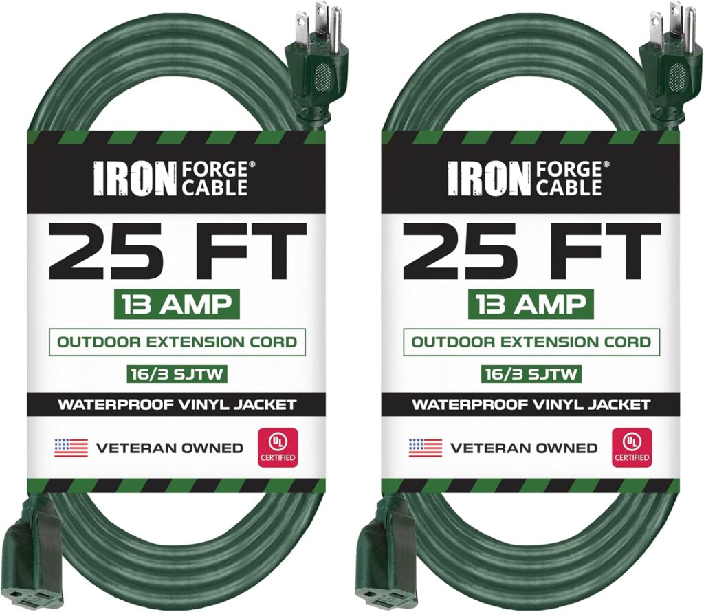Iron Forge Cable 2 Pack Weatherproof 25 Ft Outdoor Extension Cord - 16/3 SJTW Heavy Duty Green Extension Cord 3 Prong - 13 Amp Exterior Power Cable