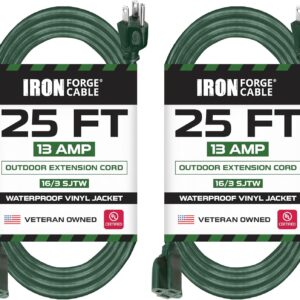 Iron Forge Cable 2 Pack Weatherproof 25 Ft Outdoor Extension Cord – 16/3 SJTW Heavy Duty Green Extension Cord 3 Prong – 13 Amp Exterior Power Cable