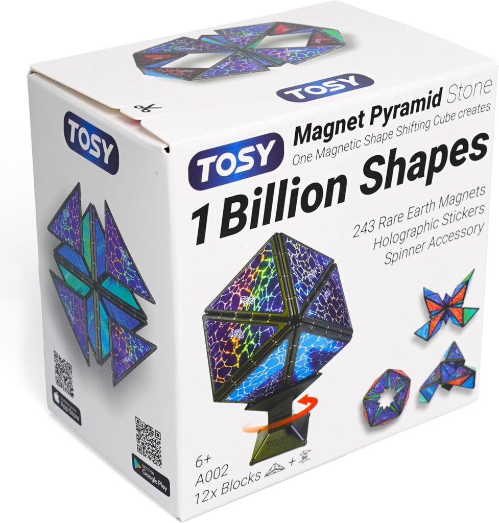 TOSY Magnet Pyramid Stone - 1 Cube Transforms into 1 Billion Shapes, 14 pcs (12 Puzzle pcs and 2 Spinners), 243 Rare Earth Magnets, Christmas Stocking Stuffers Gift for Kids, Creative Puzzle STEM Toy