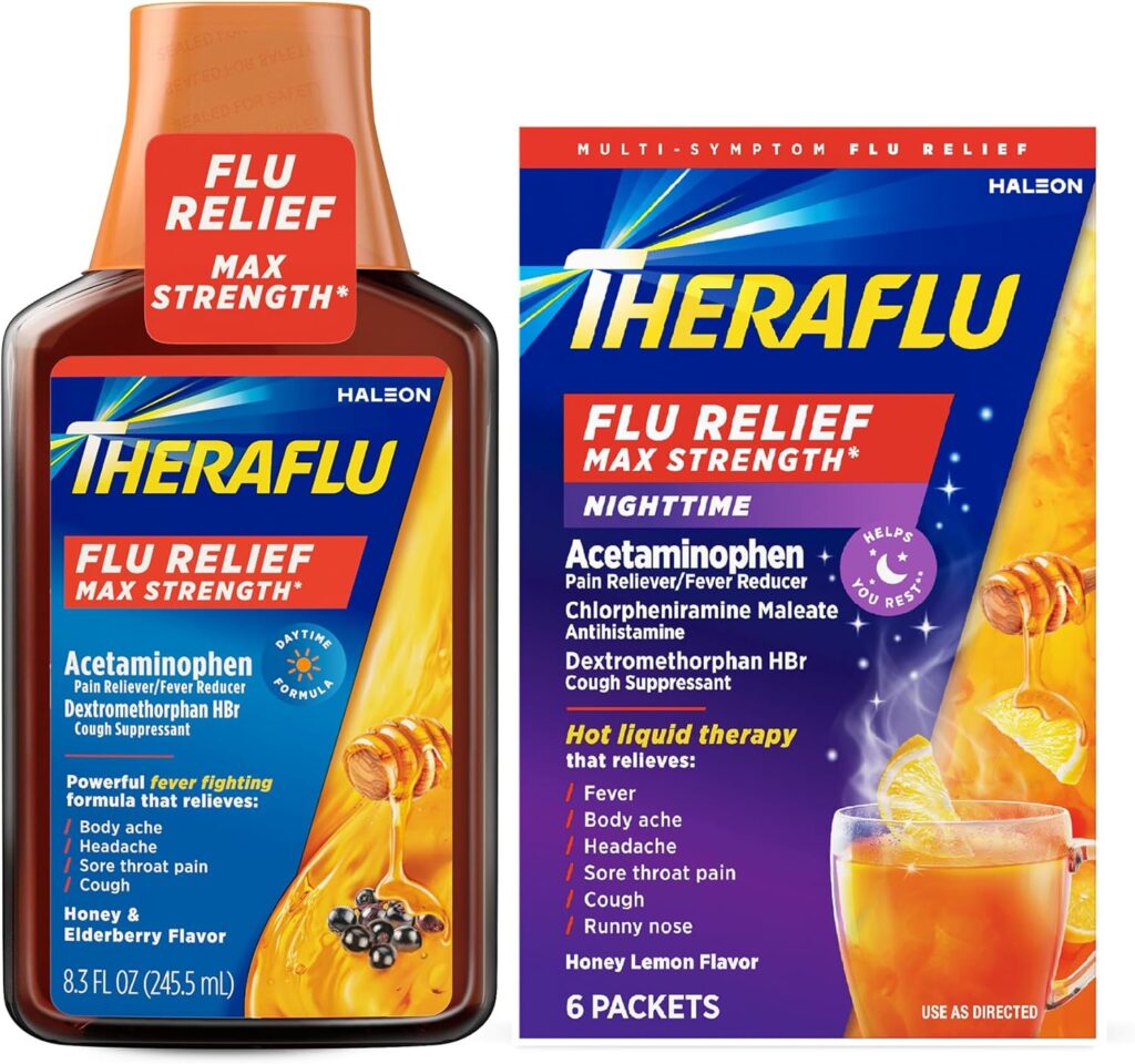 Theraflu Max Strength Daytime Flu Symptom Relief, Honey and Elderberry Syrup, 8.3 Fl Oz and Nighttime Flu Symptom Relief, Honey Lemon Flavor - 6 Count