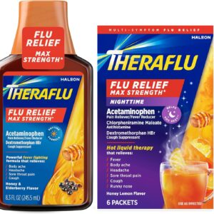 Theraflu Max Strength Daytime Flu Symptom Relief, Honey and Elderberry Syrup, 8.3 Fl Oz and Nighttime Flu Symptom Relief, Honey Lemon Flavor – 6 Count