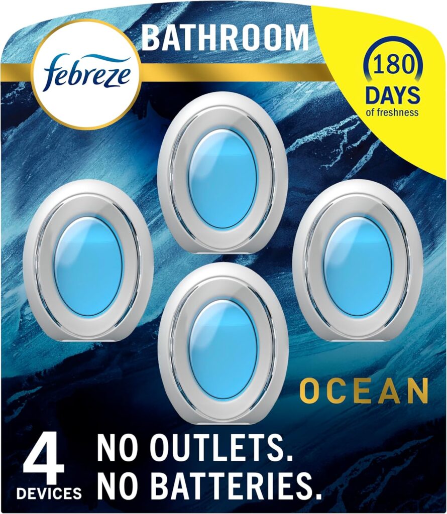 Febreze Bathroom Air Freshener, Odor-Fighting, Plug In Alternative, Air Fresheners for Home and Bathroom and Kitchen, Closet Air Fresheners, Ocean Scent, 4 Count - (Packaging May Vary)