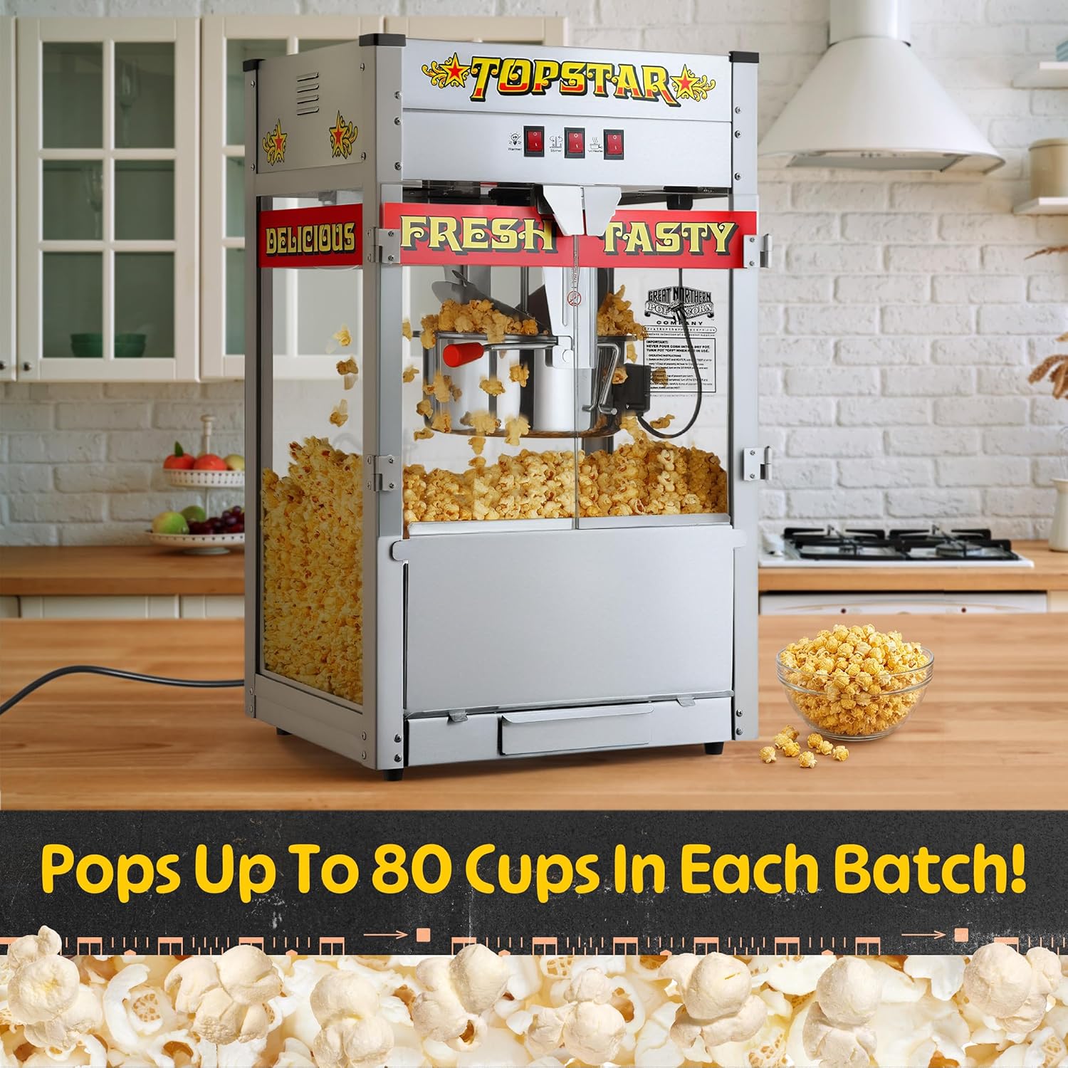 Top Star Popcorn Machine - 12oz Stainless-Steel Kettle, Reject Kernel Tray, Warming Light, and Accessories by Great Northern Popcorn (Red and Yellow) - Image 3