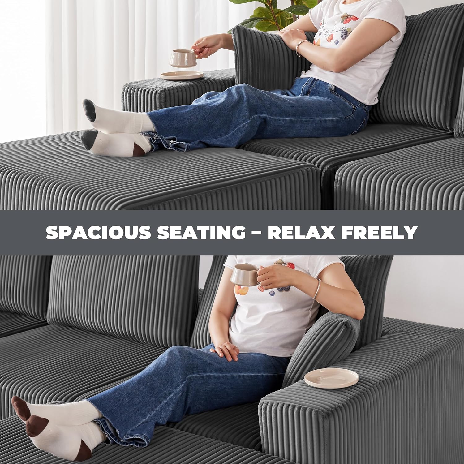 107” Modular Sectional Couches, Cloud Sectional Couch with Deep Seat, Modern Modular L-Shape Sofa with Chaise,Upholstered Boneless Sofa for Living Room (Corduroy, Grey) - Image 5