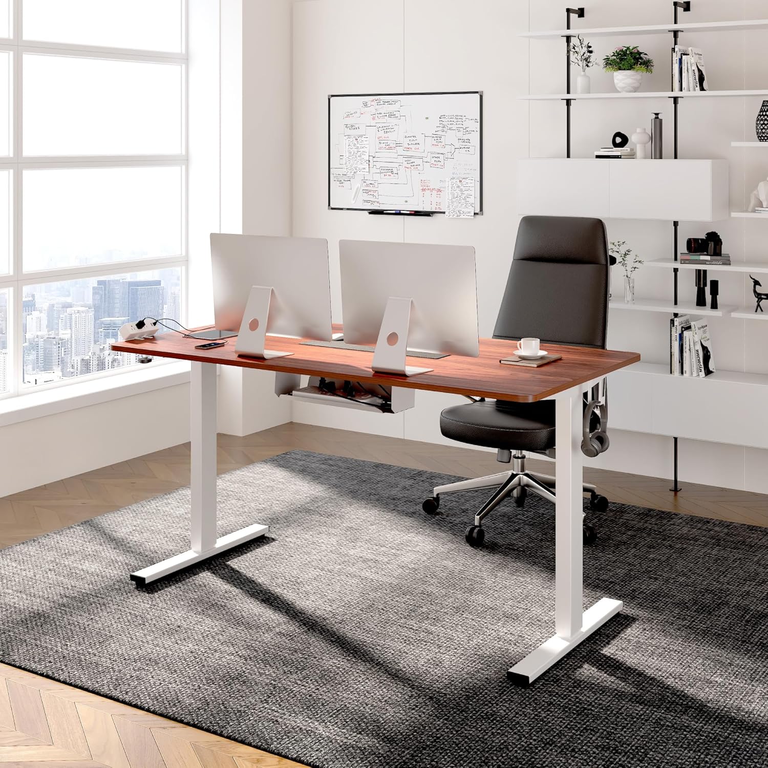 FLEXISPOT EN2 Whole-Piece Standing Desk with Clamp Power Strip, 55 x 28 Electric Stand Up Height Adjustable Desk with Cable Management (White Frame + 55" Mahogany Top, 2 Packages) - Image 2