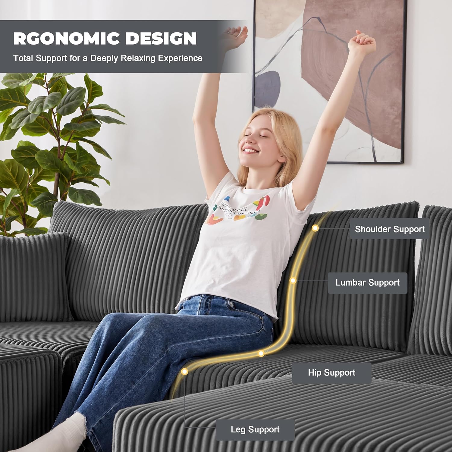 107” Modular Sectional Couches, Cloud Sectional Couch with Deep Seat, Modern Modular L-Shape Sofa with Chaise,Upholstered Boneless Sofa for Living Room (Corduroy, Grey) - Image 8