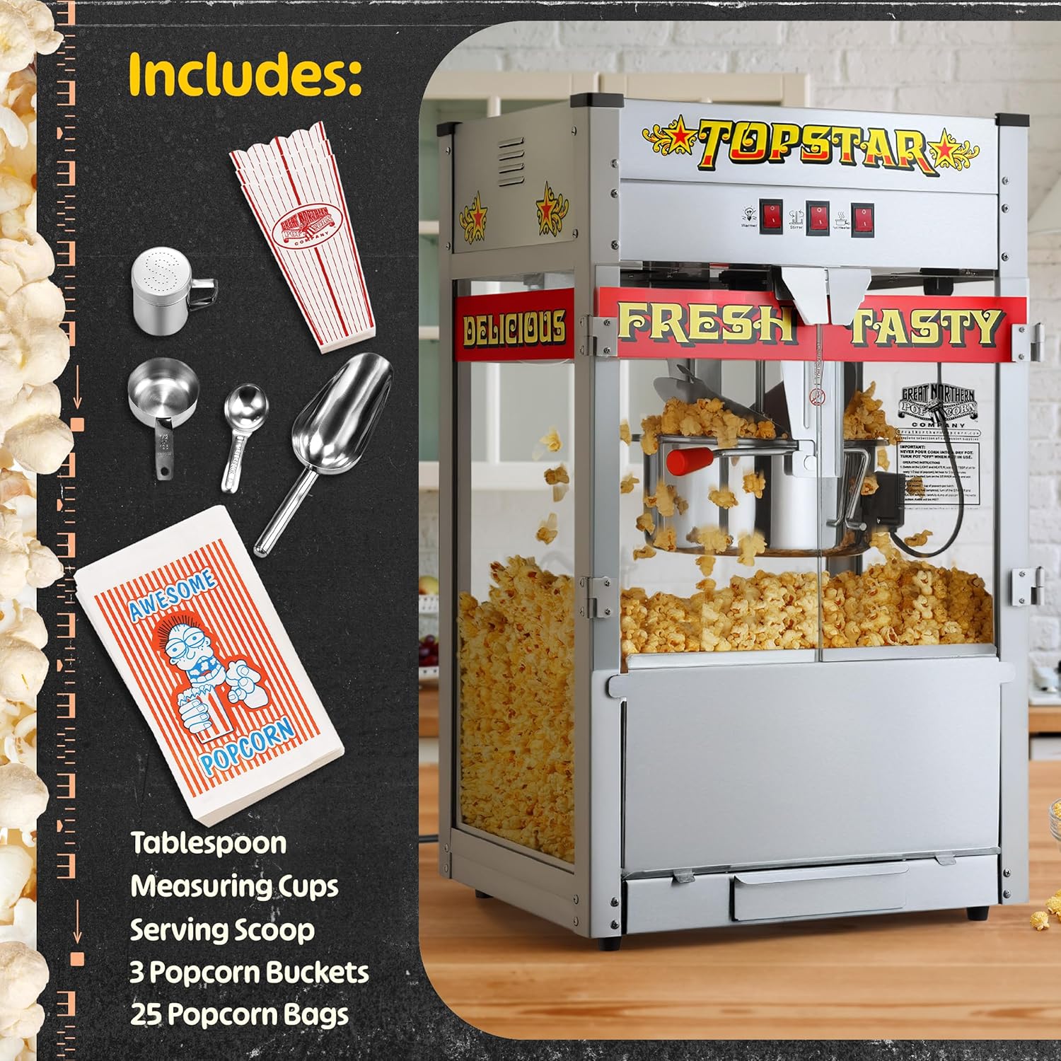 Top Star Popcorn Machine - 12oz Stainless-Steel Kettle, Reject Kernel Tray, Warming Light, and Accessories by Great Northern Popcorn (Red and Yellow) - Image 5