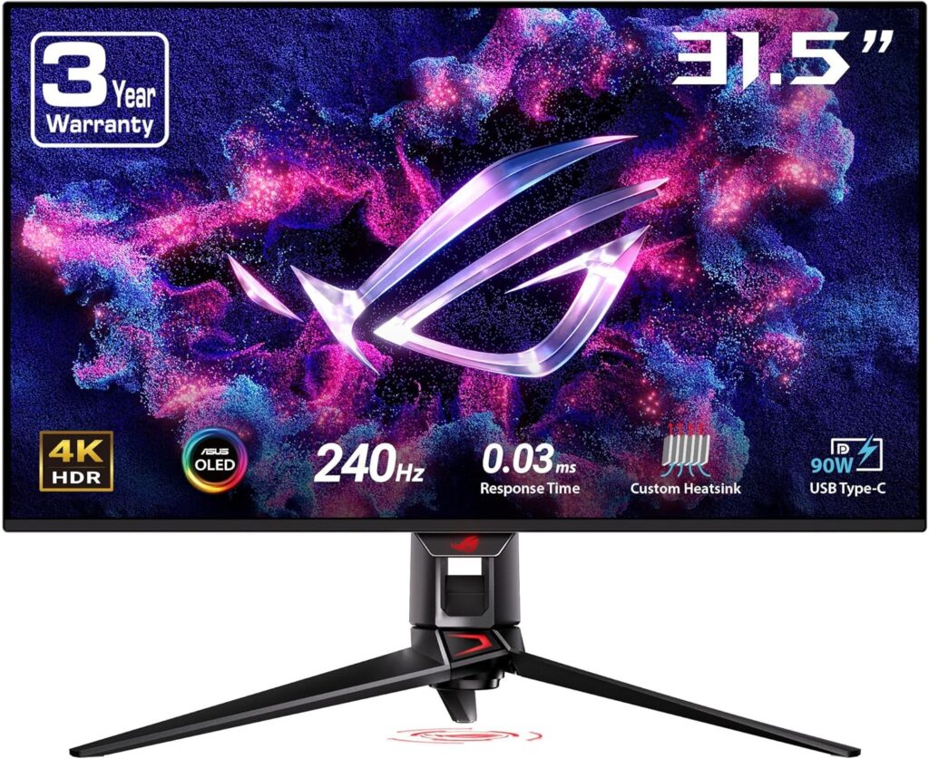 ASUS ROG Swift 32” 4K OLED Gaming Monitor (PG32UCDM) - UHD (3840 x 2160), QD-OLED, 240Hz, 0.03ms, G-SYNC Compatible, Custom Heatsink, Graphene Film, 99% DCI-P3, True 10-bit, 90W USB-C