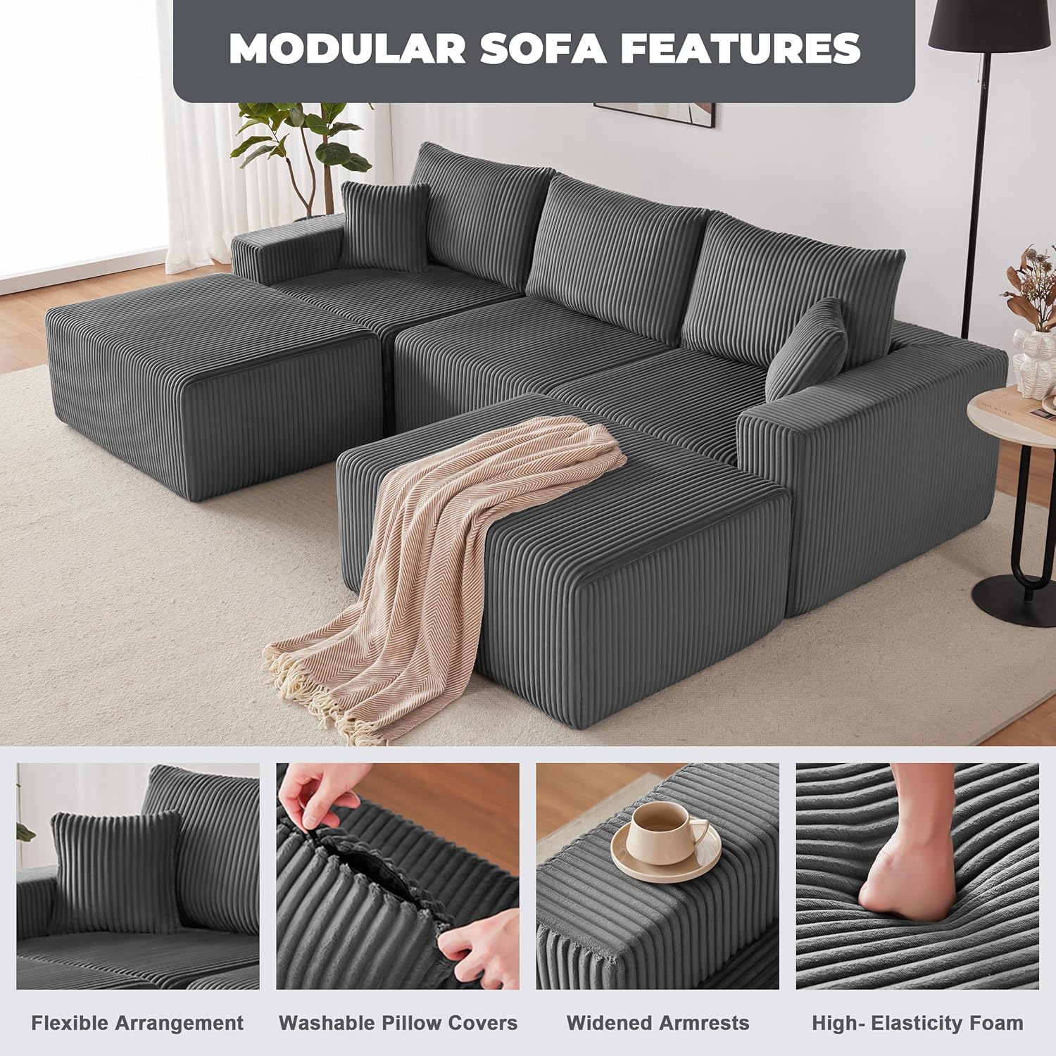 107” Modular Sectional Couches, Cloud Sectional Couch with Deep Seat, Modern Modular L-Shape Sofa with Chaise,Upholstered Boneless Sofa for Living Room (Corduroy, Grey) - Image 6